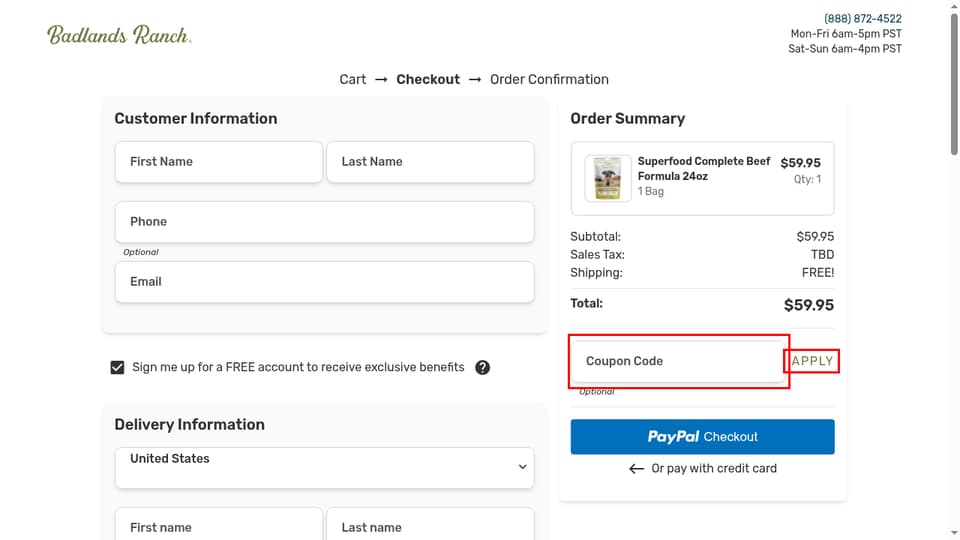 Badlands Ranch checkout page showing the Coupon Code field and APPLY button