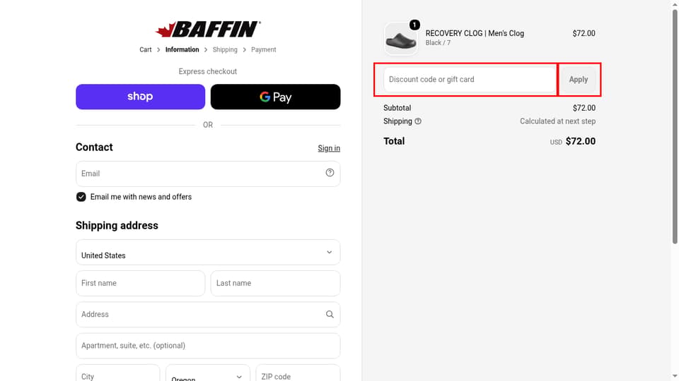 Baffin checkout page showing the Discount code or gift card field and Apply button