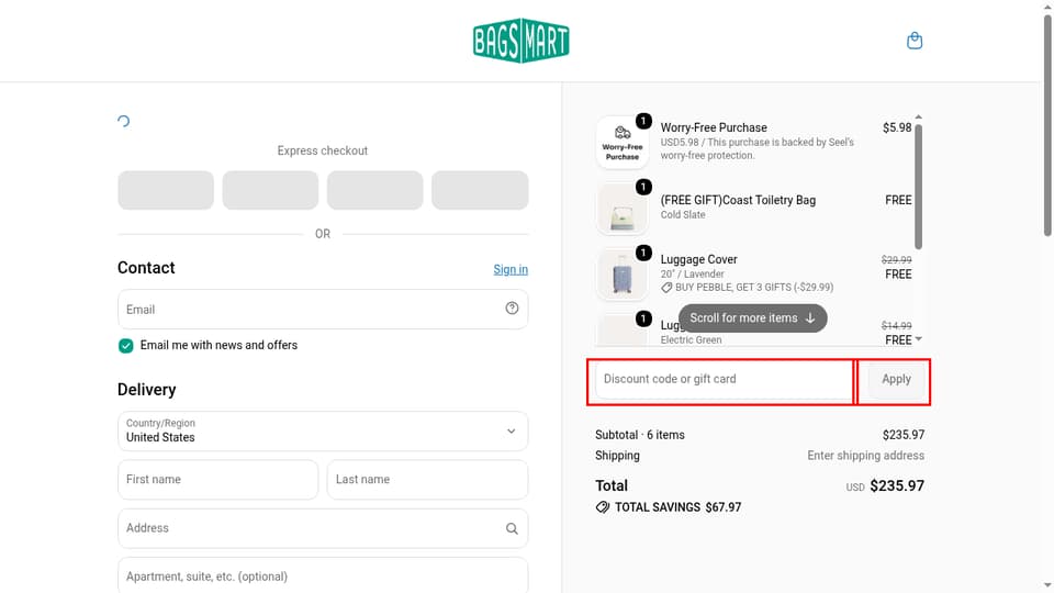BAGSMART checkout page showing the Discount code or gift card field and Apply button