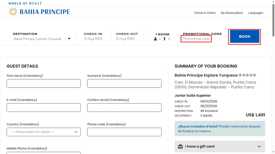 Bahia Principe Hotels & Resorts checkout page showing the Promotional code field and BOOK button