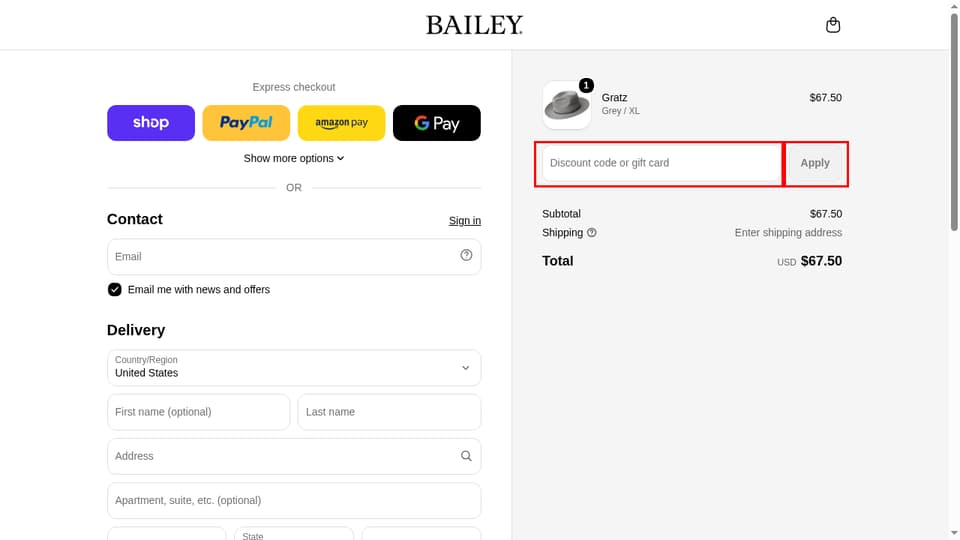 Bailey Hats checkout page showing the Discount code or gift card field and Apply button