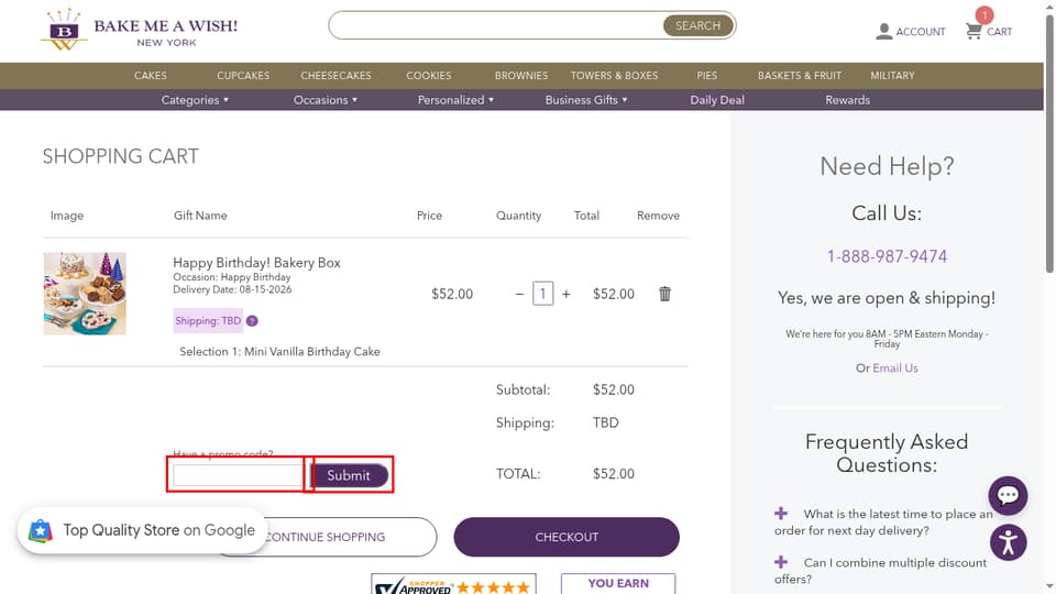 Bake Me A Wish! checkout page showing the Have a promo code? field and Submit button