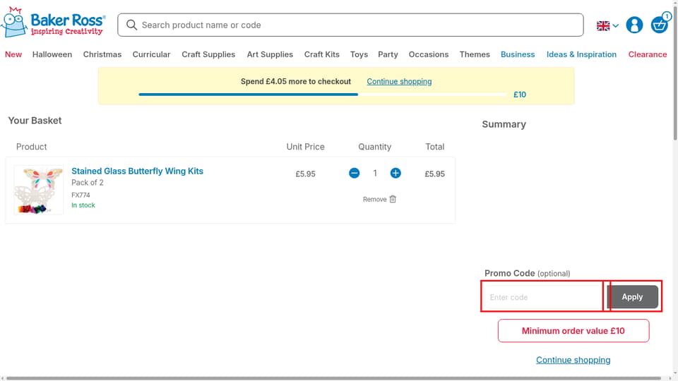 Baker Ross checkout page showing the Enter code field and Apply button