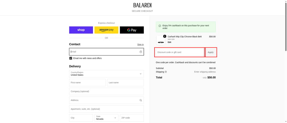 Balardi checkout page showing the 