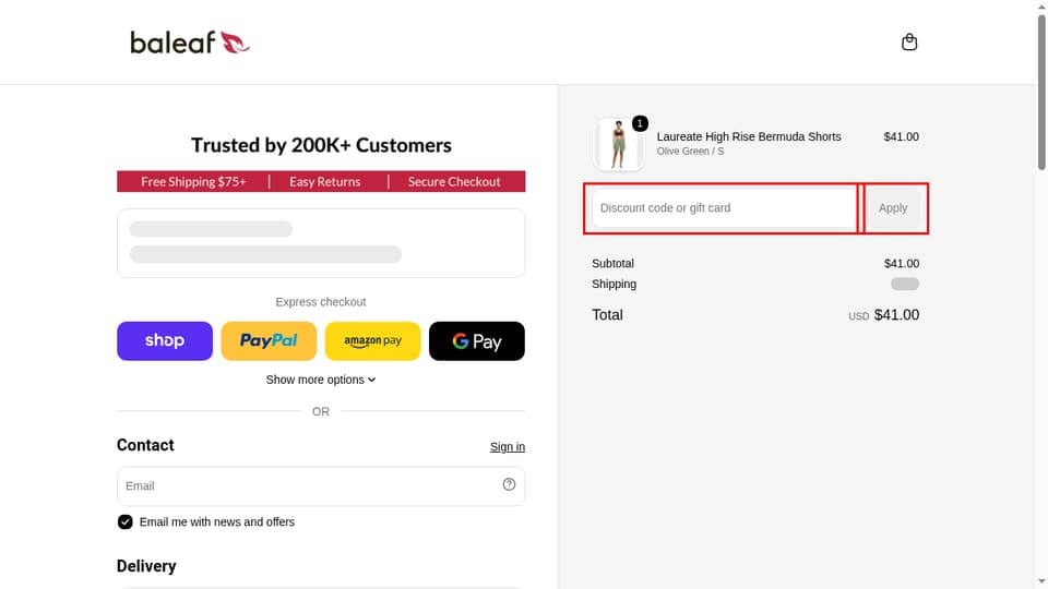 Baleaf checkout page showing the Discount code or gift card field and Apply button