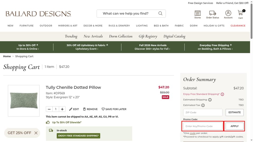 Ballard Designs checkout page showing the Enter Key/Promo Code field and Apply button