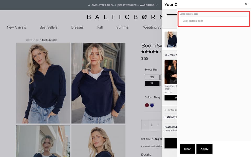 Baltic Born checkout page showing the Enter discount code field and Apply button