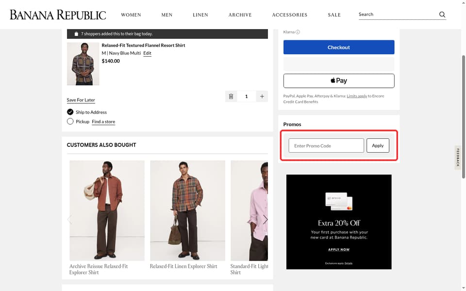 Banana Republic checkout page showing the Enter Promo Code field and Apply button