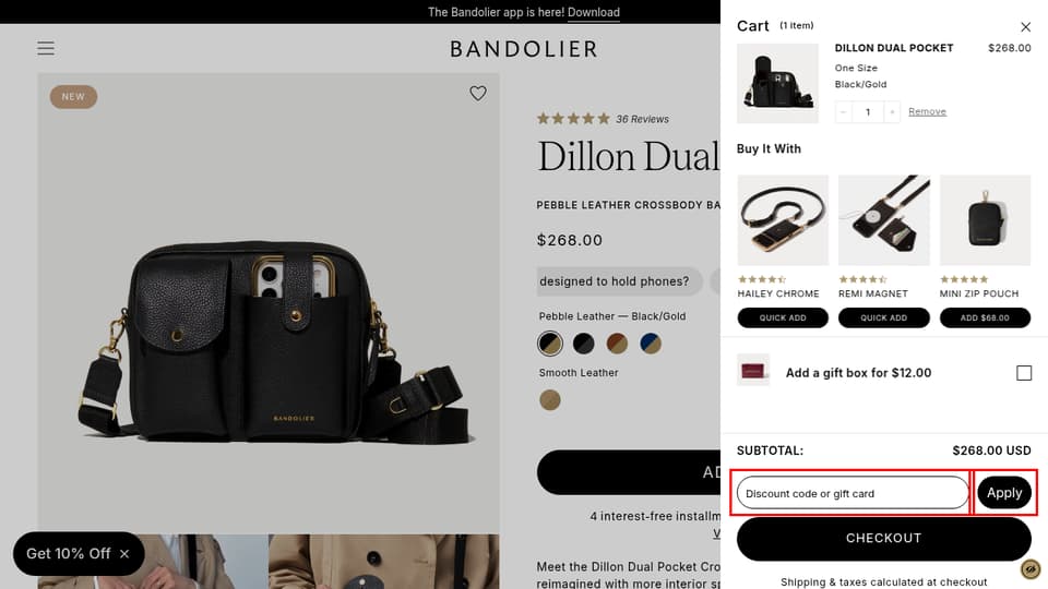 Bandolier checkout page showing the Discount code or gift card field and Apply button