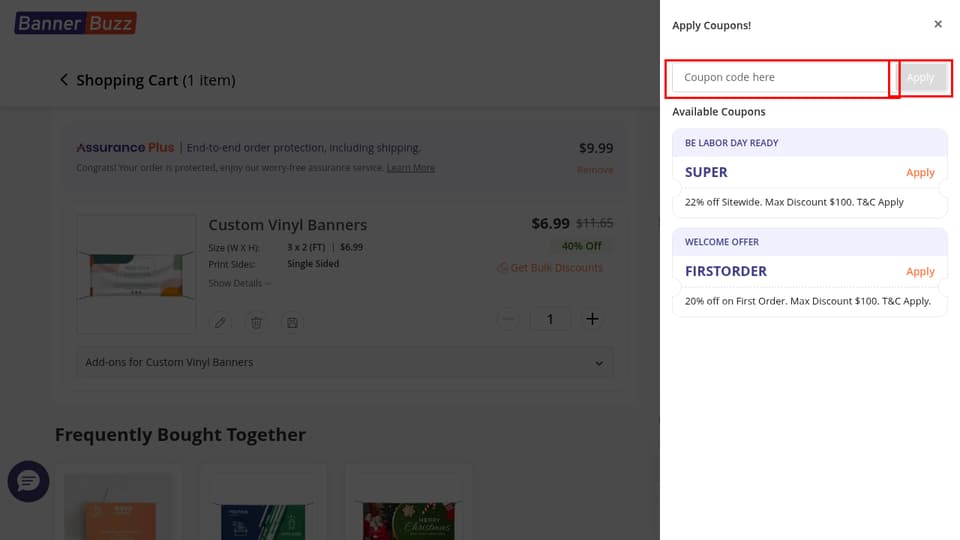 BannerBuzz checkout page showing the Coupon code here field and Apply button