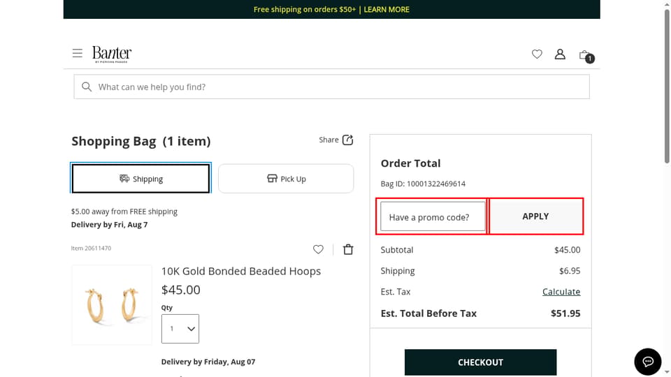 Banter by Piercing Pagoda checkout page showing the Have a promo code? field and APPLY button