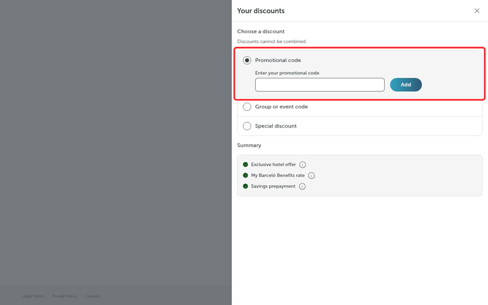 Barceló Hotel Group checkout page showing the Enter your promotional code field and Add button