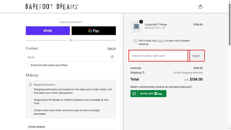 Barefoot Dreams checkout page showing the Discount code or gift card field and Apply button