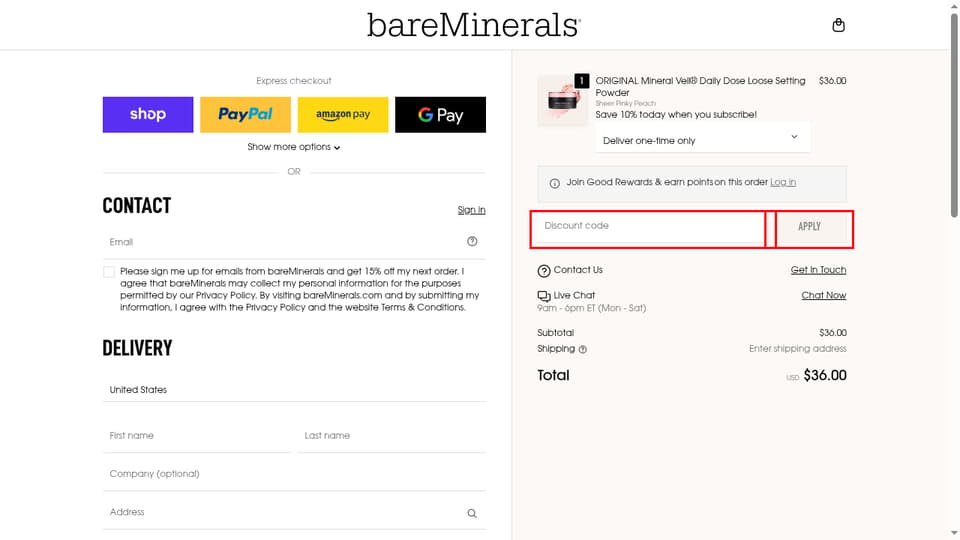 bareMinerals checkout page showing the Discount code field and Apply button
