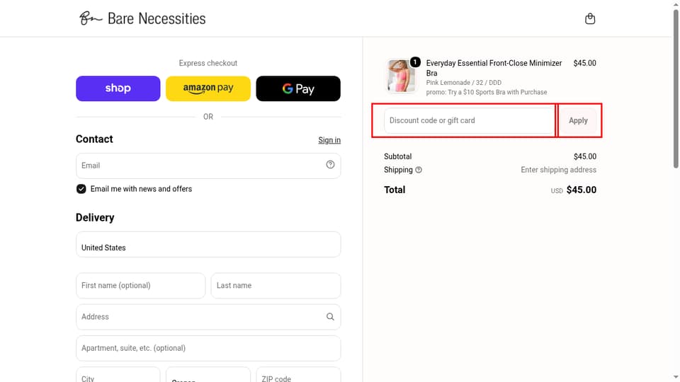 Bare Necessities checkout page showing the Discount code or gift card field and Apply button