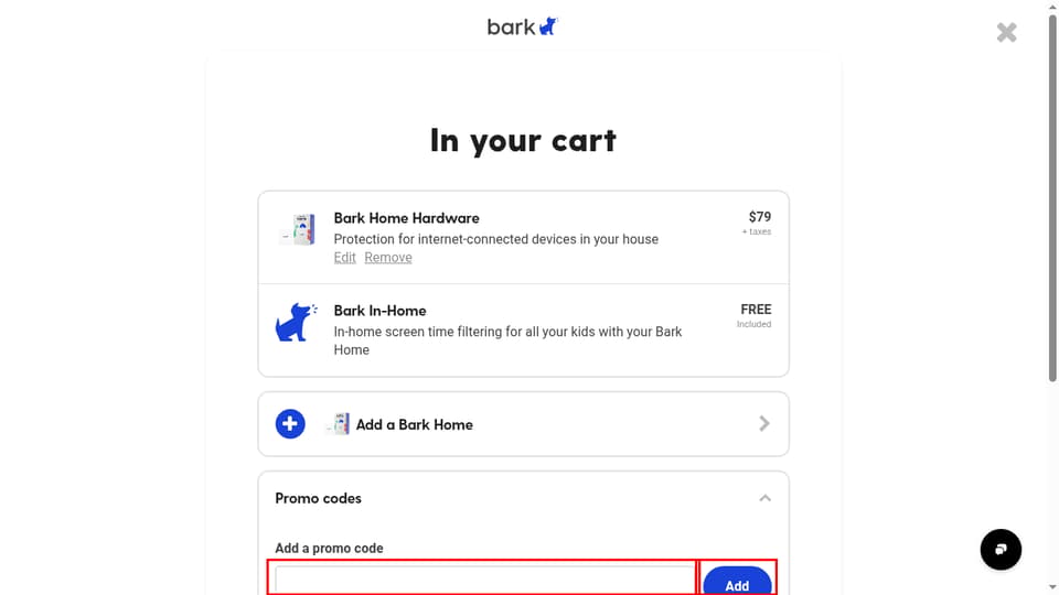 Bark checkout page showing the Add a promo code field and Add button