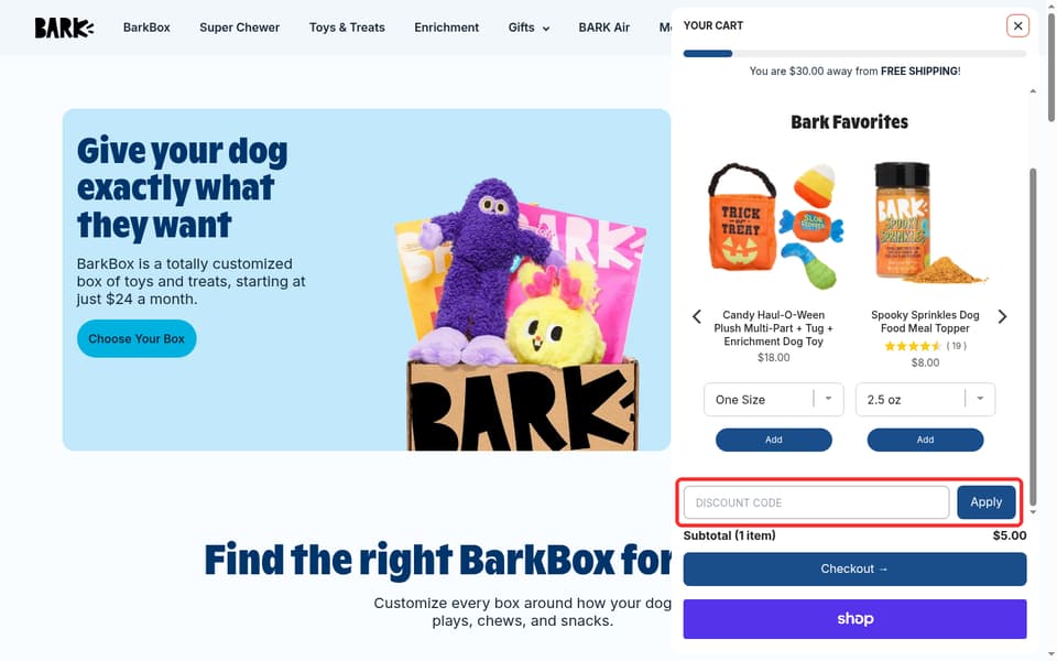 BarkBox checkout page showing the Discount Code field and Apply button