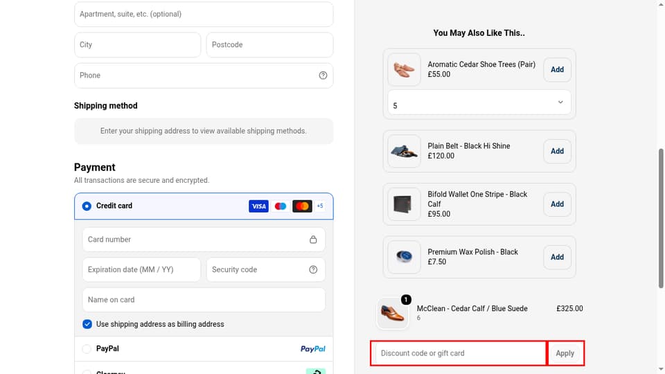 Barker Shoes checkout page showing the Discount code or gift card field and Apply button