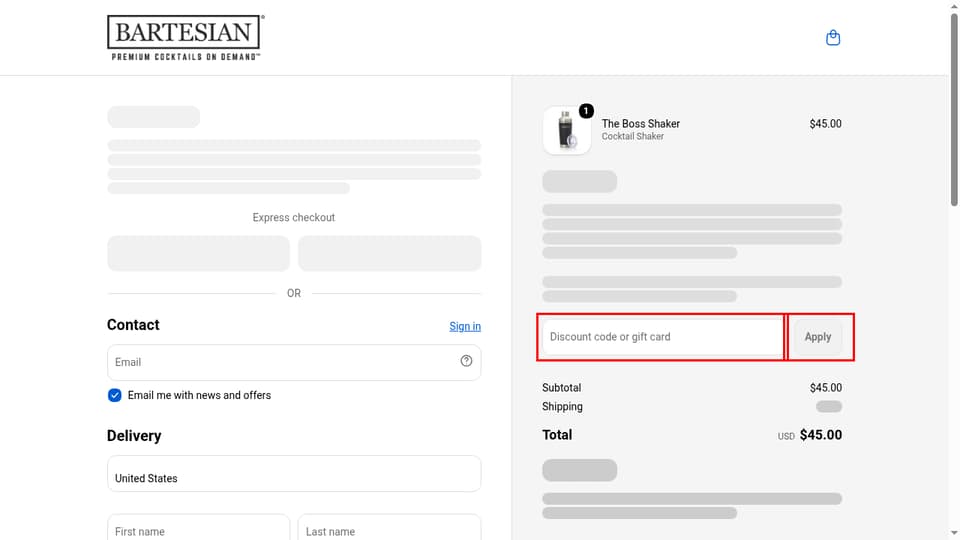 Bartesian checkout page showing the Discount code or gift card field and Apply button