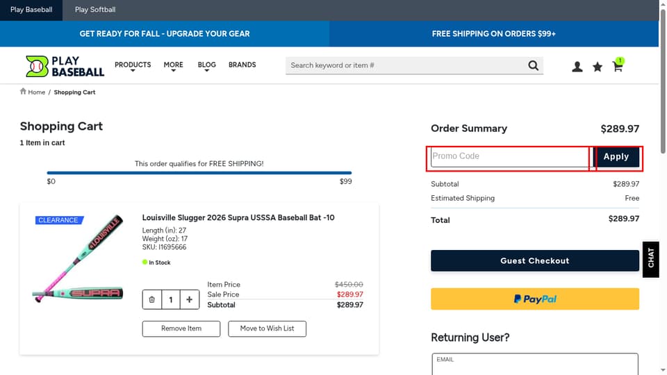 Baseball Savings checkout page showing the Promo Code field and Apply button
