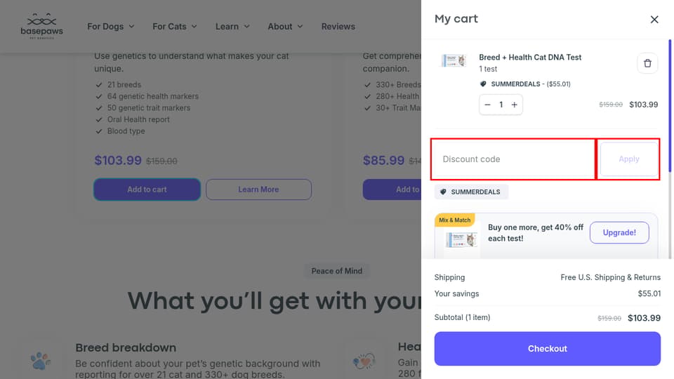 Basepaws checkout page showing the Discount code field and Apply button