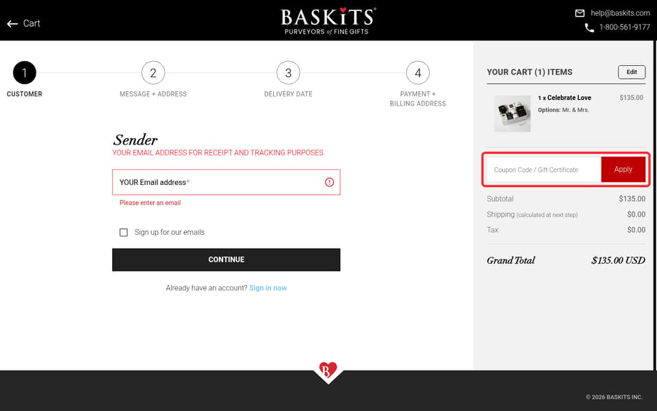 Baskits checkout page showing the Coupon Code / Gift Certificate field and Apply button