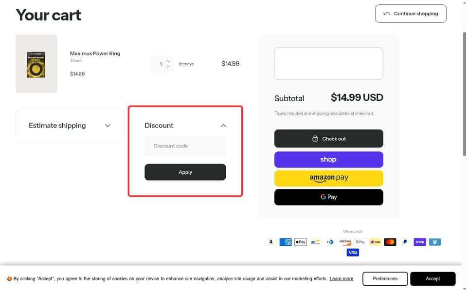 Bathmate checkout page showing the Discount code field and Apply button