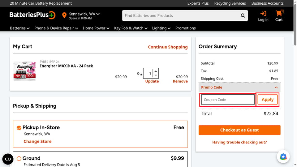 Batteries Plus checkout page showing the Coupon Code field and Apply button