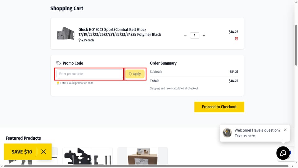 BattleHawk Armory checkout page showing the Enter promo code field and Apply button