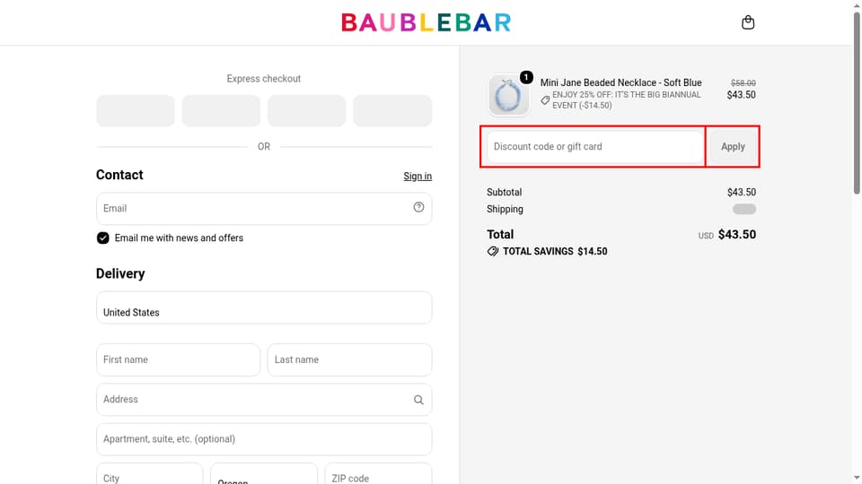 BaubleBar checkout page showing the Discount code or gift card field and Apply button