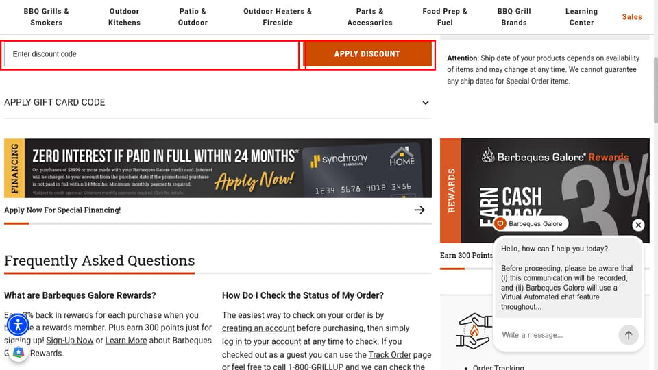 Barbeques Galore checkout page showing the Enter discount code field and Apply Discount button