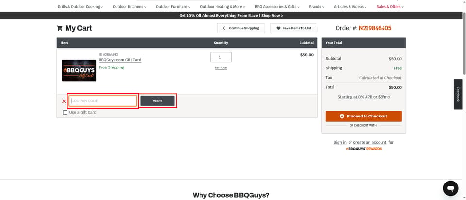 BBQ Guys checkout page showing the 
