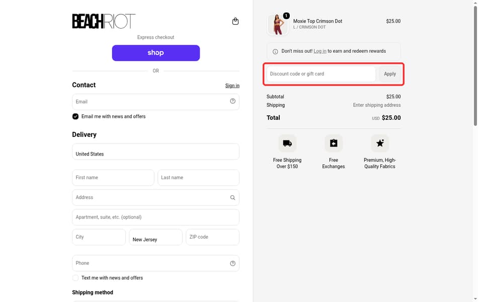 Beach Riot checkout page showing the Discount code or gift card field and Apply button