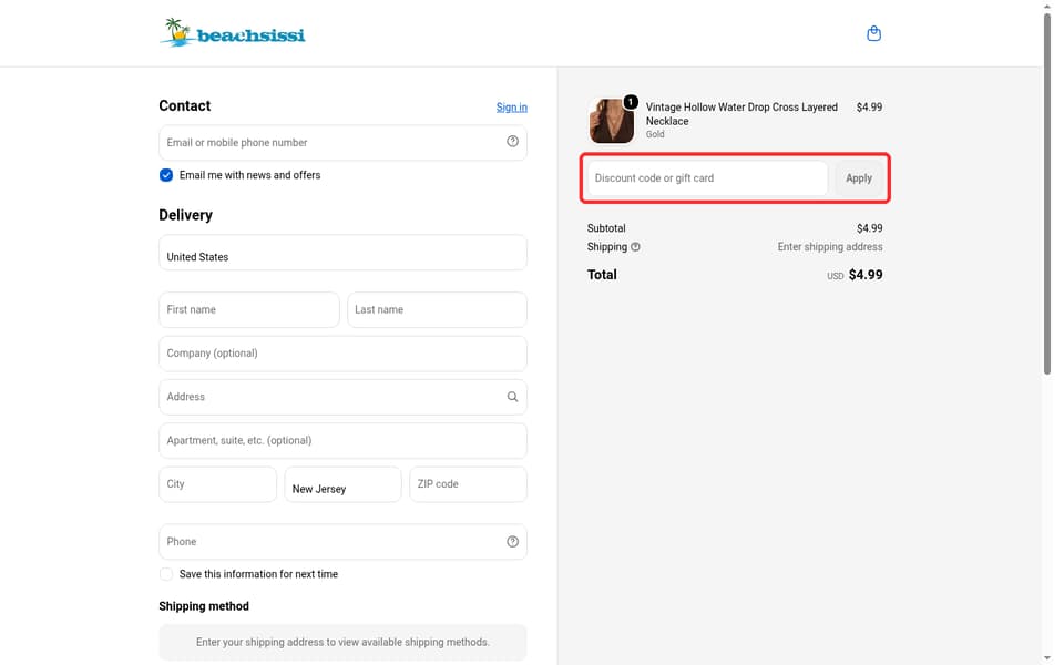 Beachsissi checkout page showing the Discount code or gift card field and Apply button