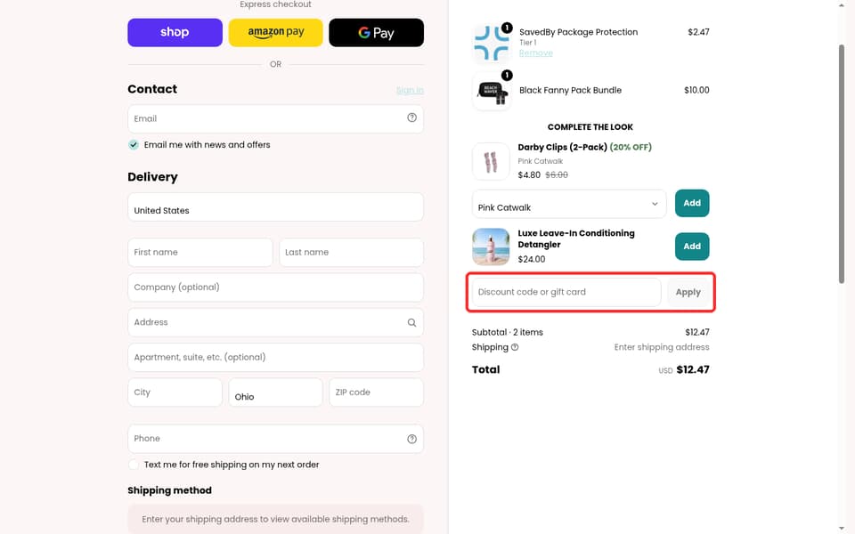 Beachwaver checkout page showing the Discount code or gift card field and Apply button