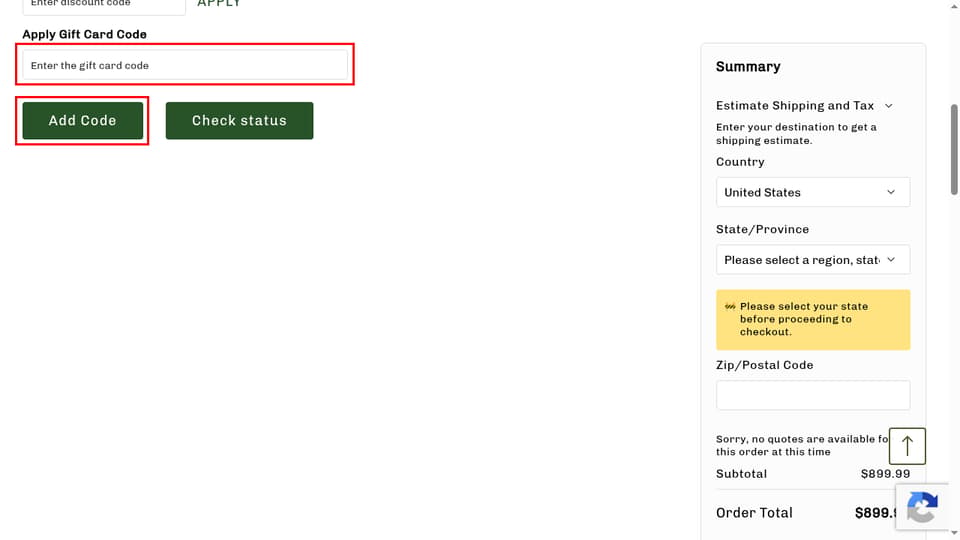 Bear Creek Arsenal checkout page showing the Enter discount code field and Apply button