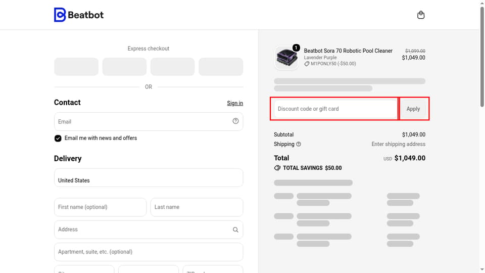 Beatbot checkout page showing the Discount code or gift card field and Apply button