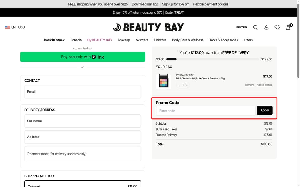 BEAUTY BAY checkout page showing the Enter code field and Apply button