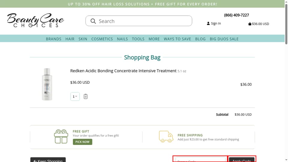 Beauty Care Choices checkout page showing the Promo Code field and Apply Code button
