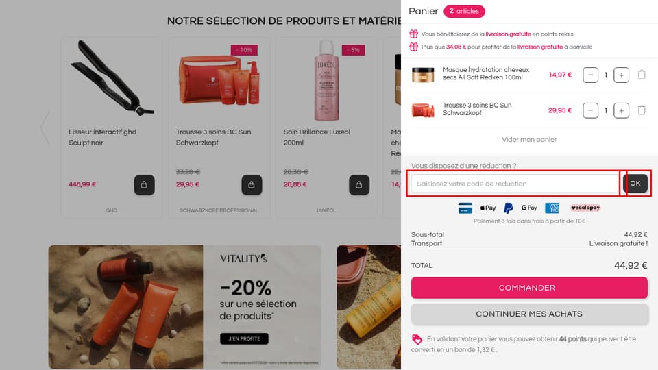 Beauty Coiffure checkout page showing the Saisissez votre code de réduction field and ok button