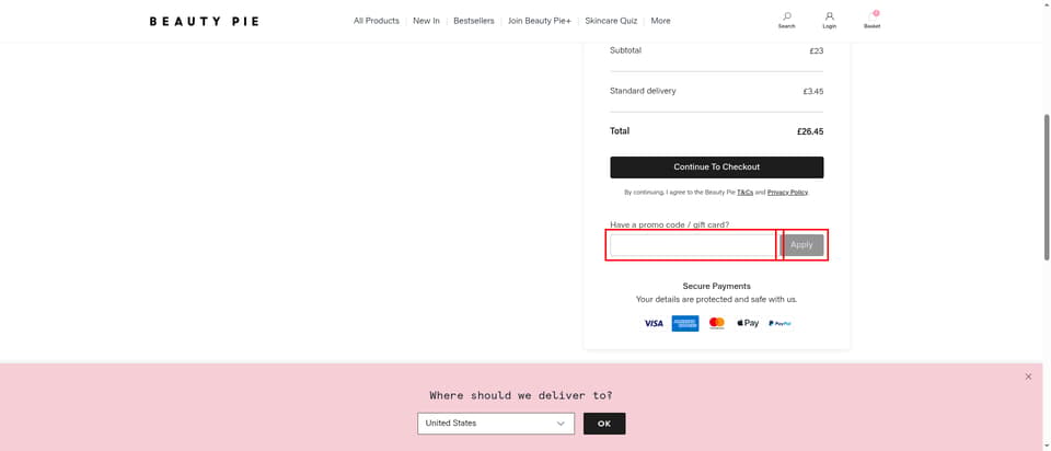 Beauty Pie checkout page showing the 