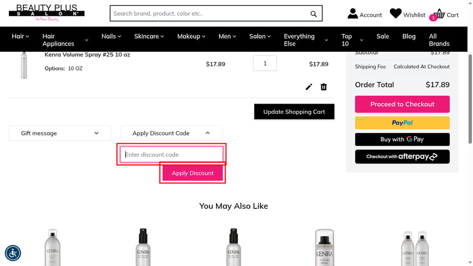 Beauty Plus Salon checkout page showing the Enter discount code field and Apply Discount button