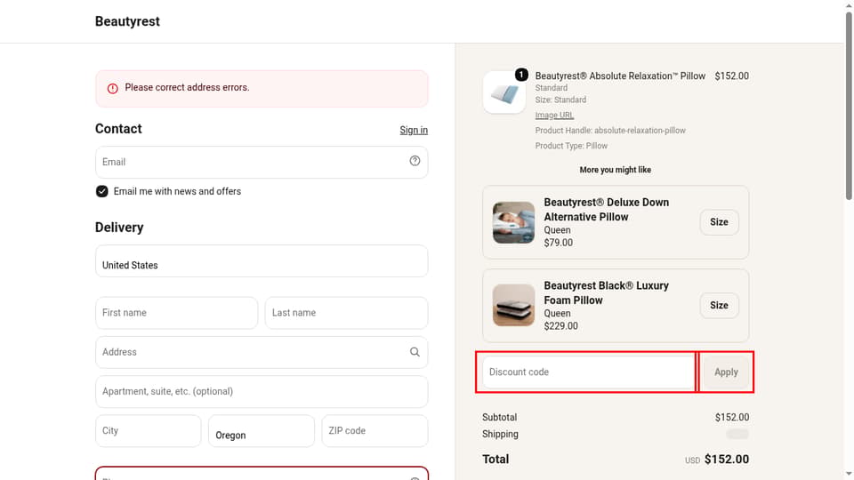 Beautyrest checkout page showing the Discount code field and Apply button