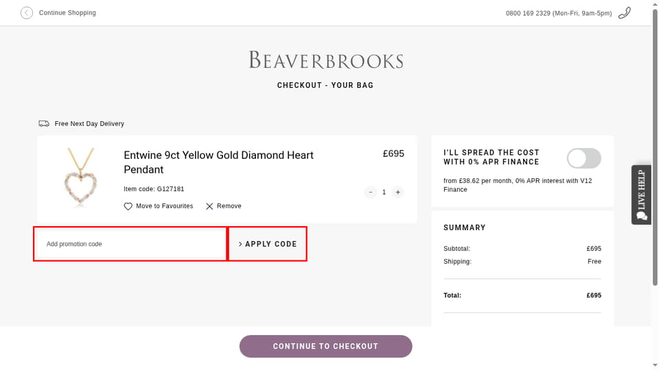 Beaverbrooks the Jewellers checkout page showing the Add promotion code field and Apply code button