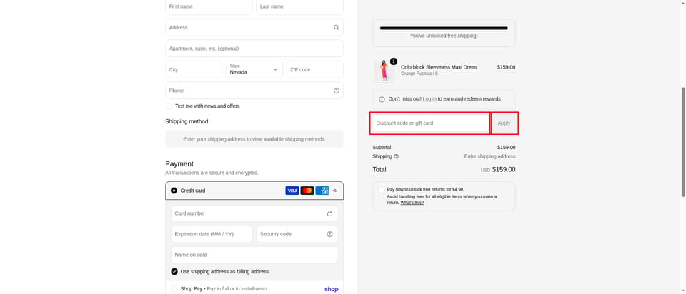 bebe checkout page showing the 