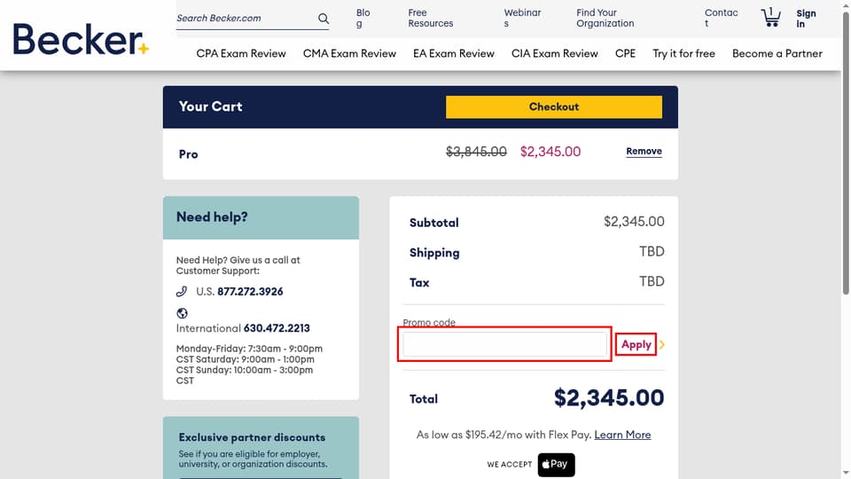 Becker checkout page showing the Enter promo code field and Apply button