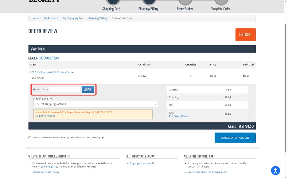 Beckett checkout page showing the Promo Code : field and Apply button
