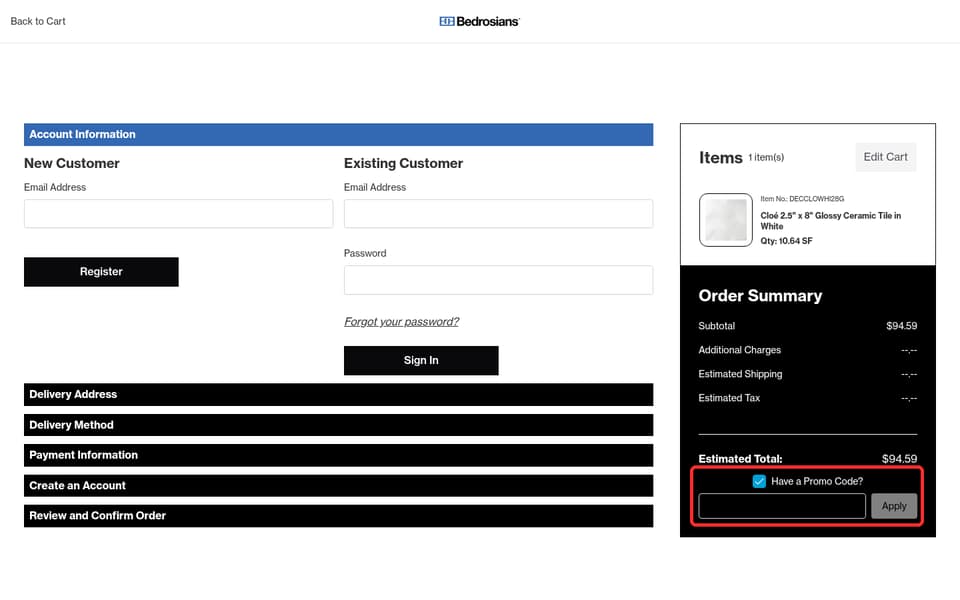 Bedrosians checkout page showing the Enter promo code field and Apply button