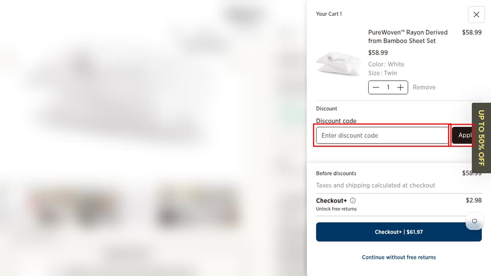 Bedsure checkout page showing the Enter discount code field and Apply button