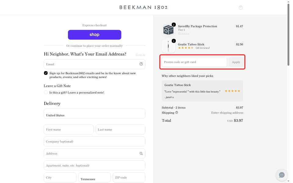 Beekman 1802 checkout page showing the Promo code or gift card field and Apply button